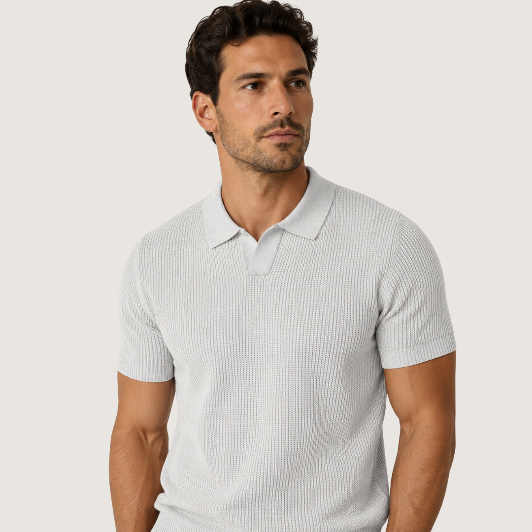 Men's Waffle Knit Polo Sweater Shirt – White
