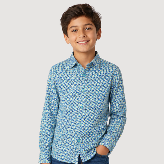 Boys Blue & Aqua Geometric Print Stretch Dress Shirt