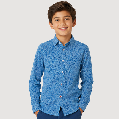 Boys Blue Micro Dot Print Stretch Dress Shirt