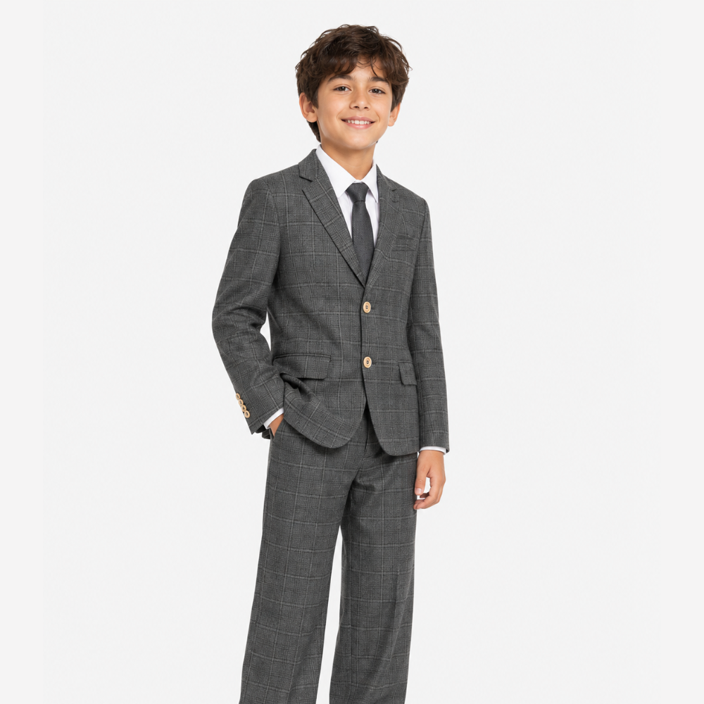 Boy's Charcoal Plaid Textured 2PC Suit
