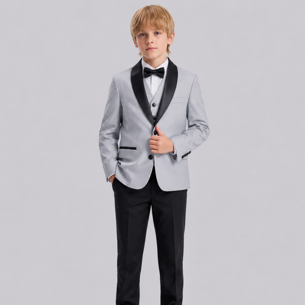 Boys Light Gray & Black Tuxedo 3 Pc Suit Set