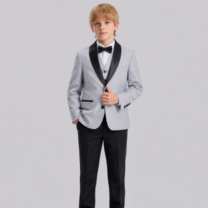 Boys Light Gray & Black Tuxedo 3 Pc Suit Set