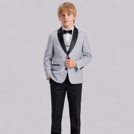 Boys Light Gray & Black Tuxedo 3 Pc Suit Set