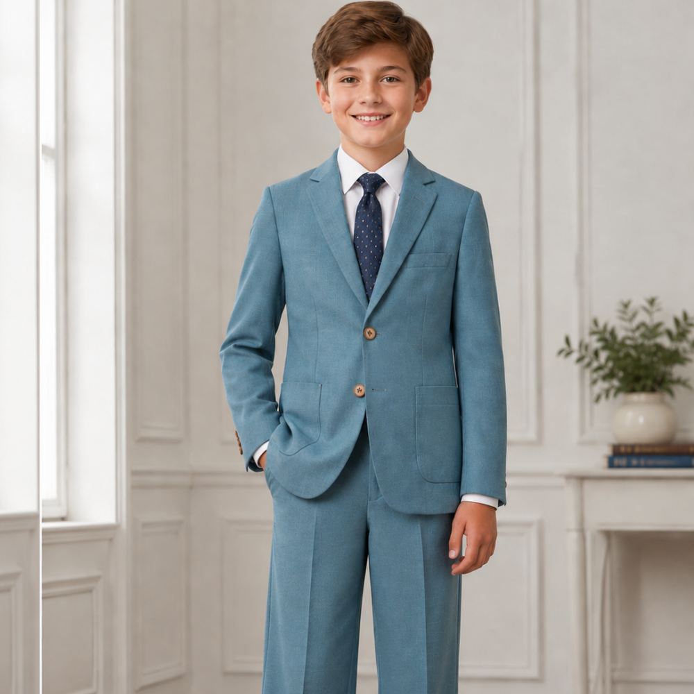 Boys Dusty Blue 2-Piece Suit Set with Notch Lapel Blazer & Dress Pants