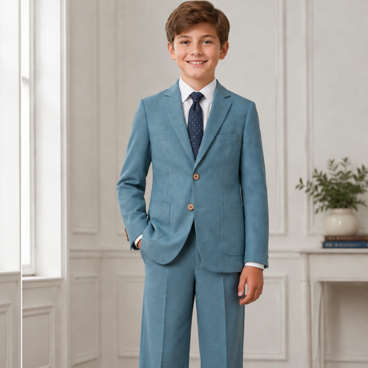 Boys Dusty Blue 2-Piece Suit Set with Notch Lapel Blazer & Dress Pants