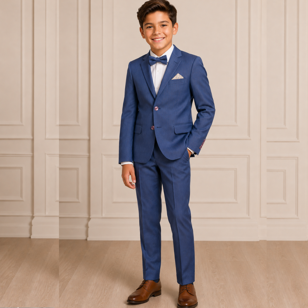 Boys Dusty Blue 2-Piece Suit Set with Pocket Square