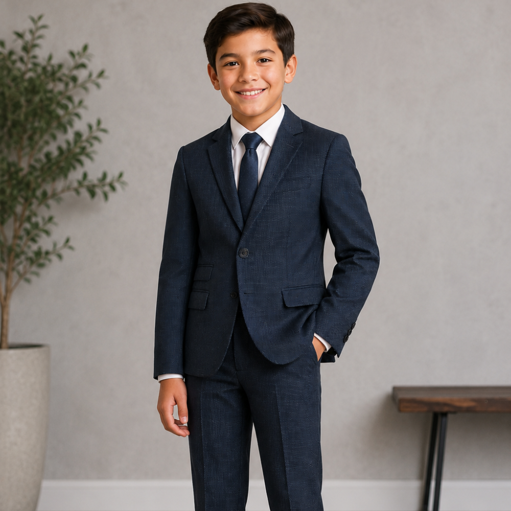 Boys Navy Textured 2-Piece Suit Set