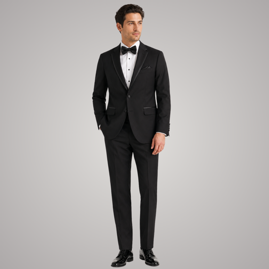 Men's Classic Black Two-Button Tuxedo Suit with Satin Trim – Formal Wedding & Evening Wear