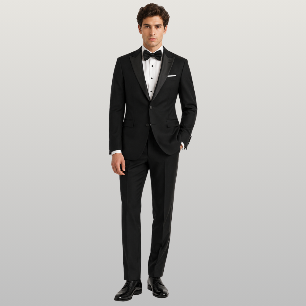 Men's Classic Black Satin Lapel Tuxedo Suit – 2 Piece Formal Dinner Suit