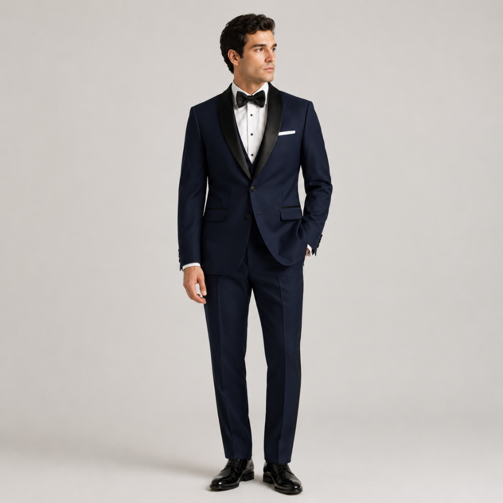 Men's Classic Navy/Black Satin Lapel Tuxedo Suit – 2 Piece Formal Dinner Suit