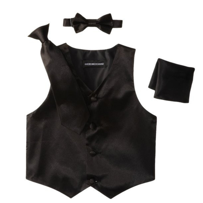 Boys Black Satin 4-Piece Formal Vest Set – Vest, Necktie, Bow Tie & Pocket Square