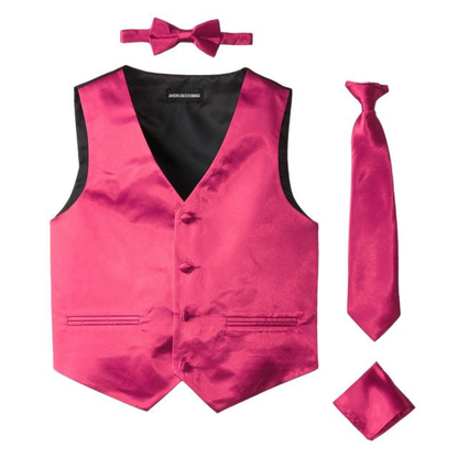 Boys Fuchsia Satin Vest Set – 4-Piece Formal Waistcoat with Matching Tie, Bow Tie & Pocket Square