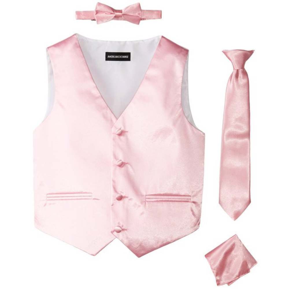 Boys Blush Pink Satin Vest Set – 4-Piece Formal Waistcoat with Matching Tie, Bow Tie & Pocket Square