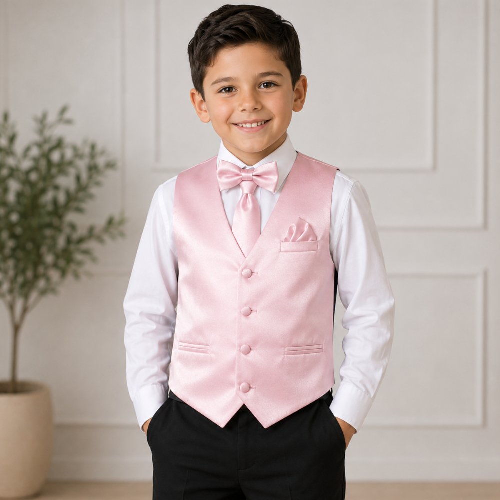 Boys Blush Pink Satin Vest Set – 4-Piece Formal Waistcoat with Matching Tie, Bow Tie & Pocket Square