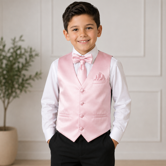 Boys Blush Pink Satin Vest Set – 4-Piece Formal Waistcoat with Matching Tie, Bow Tie & Pocket Square