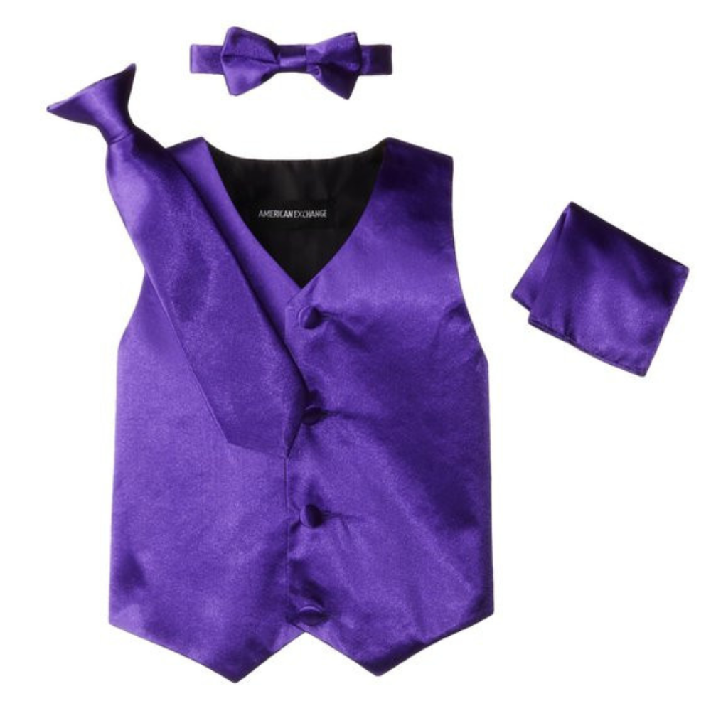 Boys Purple Satin Vest Set – 4-Piece Formal Waistcoat with Matching Tie, Bow Tie & Pocket Square