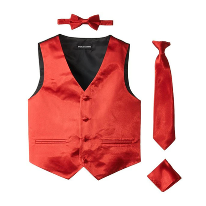 Boys Red Satin Vest Set – 4-Piece Formal Waistcoat Outfit with Bow Tie, Necktie & Pocket Square