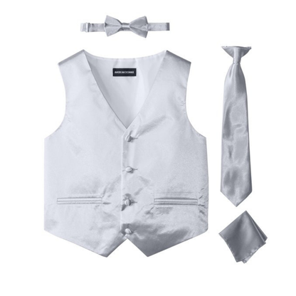 Boys Silver Satin Vest Set with Matching Tie, Bow Tie & Pocket Square