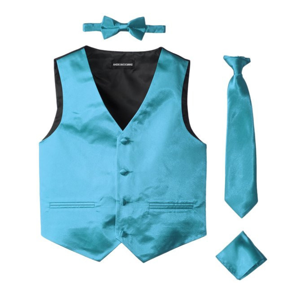 Boys Turquoise Satin Vest Set with Matching Tie, Bow Tie & Pocket Square