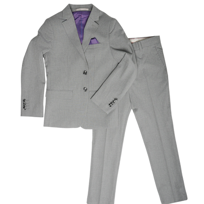 Men's Classic Light Grey Two-Button Slim Fit Suit with Matching Pocket Square