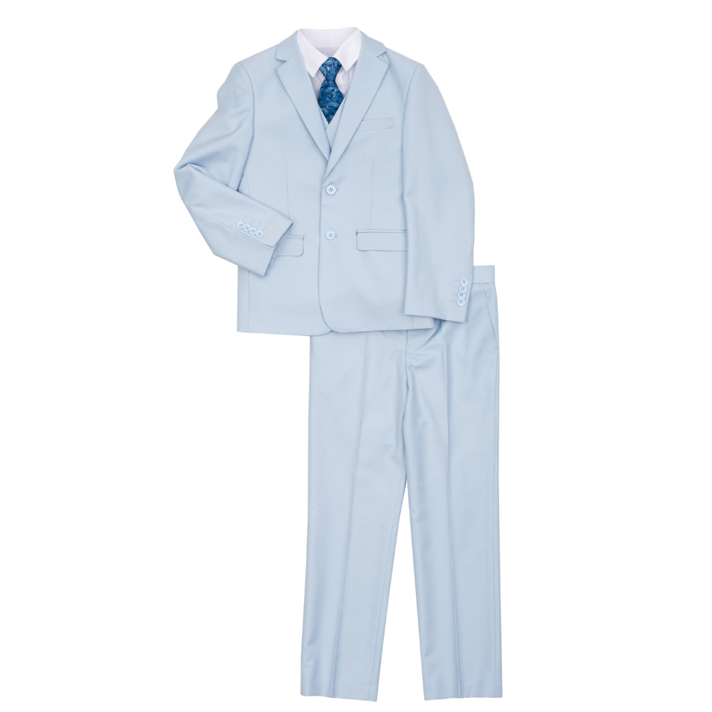 Boys 5-Piece Light Blue Formal Suit Set – Jacket, Vest, Pants, White Dress Shirt & Blue Paisley Tie