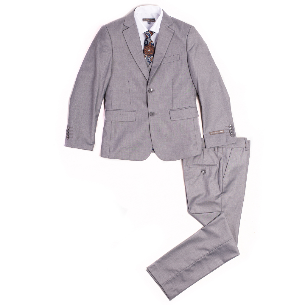 Boys Light Gray 5-Piece Formal Suit Set – Jacket, Vest, Pants, White Shirt & Paisley Tie