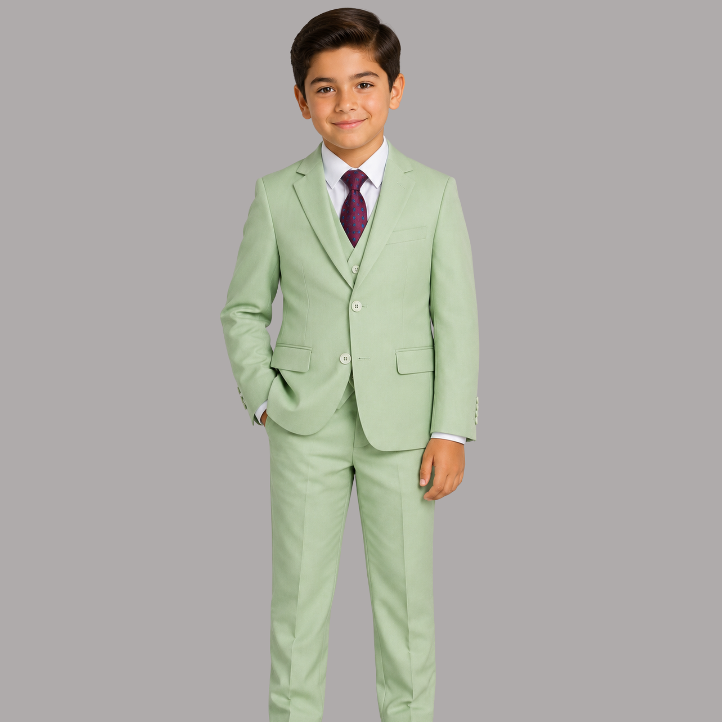 Boys Mint Green 5-Piece Formal Suit Set – Jacket, Vest, Pants, White Shirt & Tie