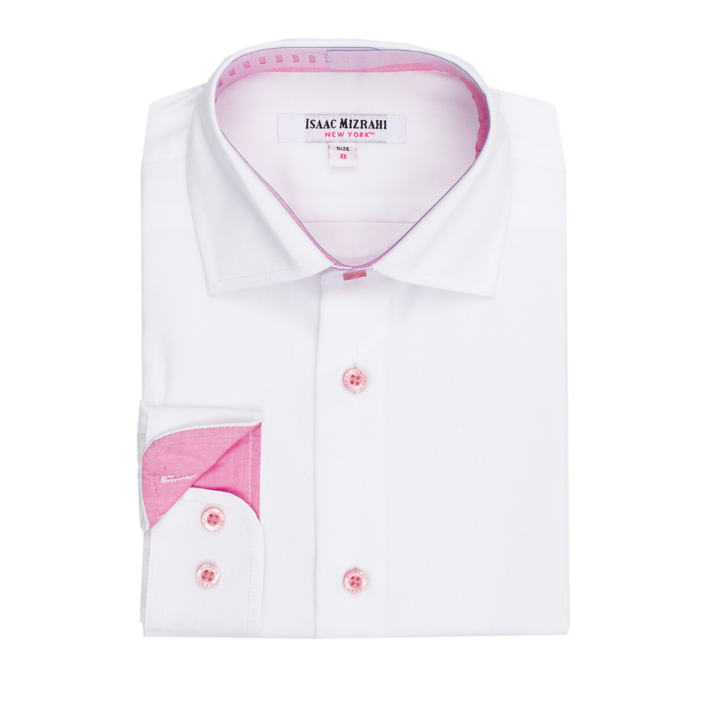 Boys White & Pink Trim 100% Cotton Dress Shirt