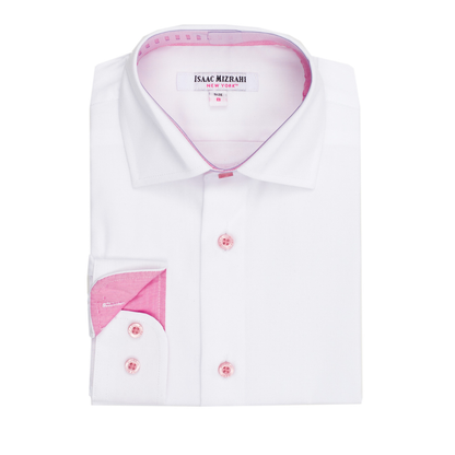 Boys White & Pink Trim 100% Cotton Dress Shirt