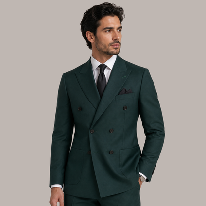 Men's Dark Emerald Green Double-Breasted Textured Wool Blend Blazer