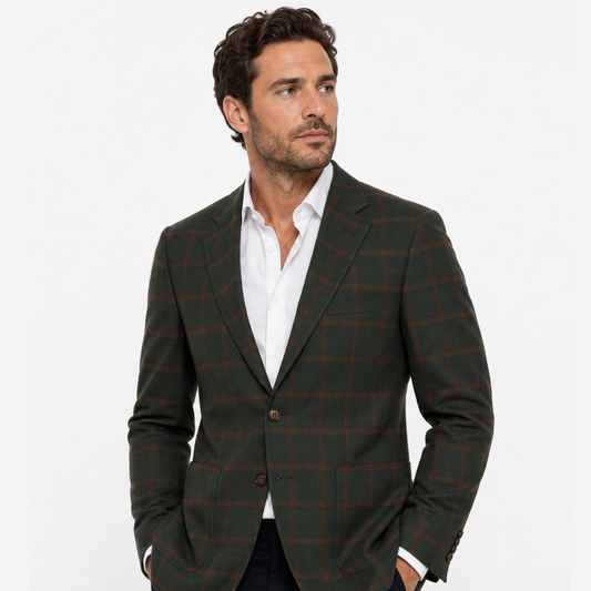 Men's Green Windowpane Plaid Wool Blend Blazer