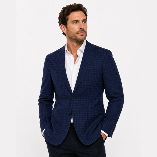Men's Navy Blue Textured Check Wool Blend Blazer