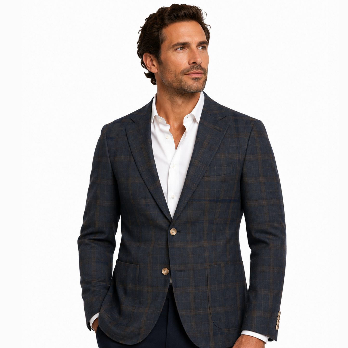 Men's Navy Windowpane Plaid Two-Button Blazer