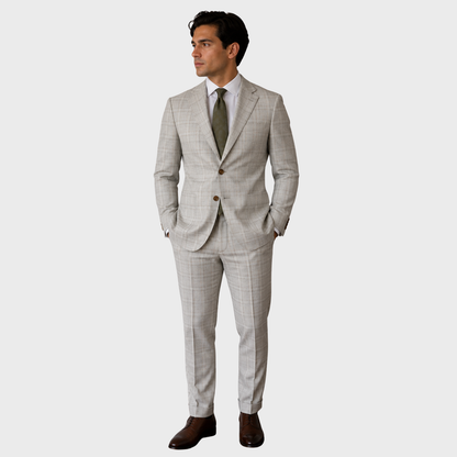 Men's Beige Windowpane Plaid Two-Button Tailored Suit
