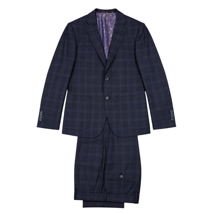 Men's Navy Blue Windowpane Plaid Two-Button Tailored Suit