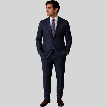 Men's Navy Blue Windowpane Plaid Two-Button Tailored Suit