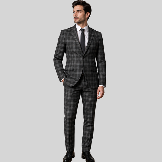 Men's Grey Plaid 2-Piece Slim Fit Business & Wedding Suit