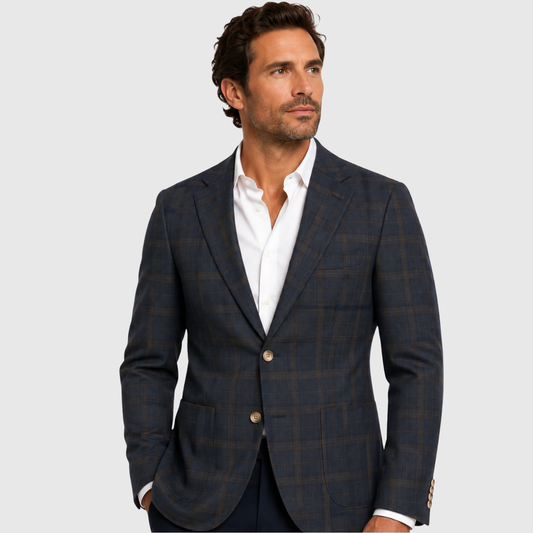 Men's Navy Windowpane Plaid Two-Button Blazer