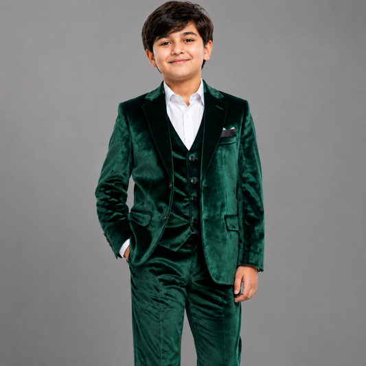 Boys Emerald Green Velvet Suit Set Blazer & Dress Pants