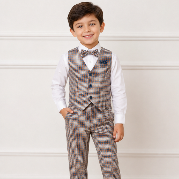 Boys 4-Piece Checkered Formal Suit Set with Bow Tie