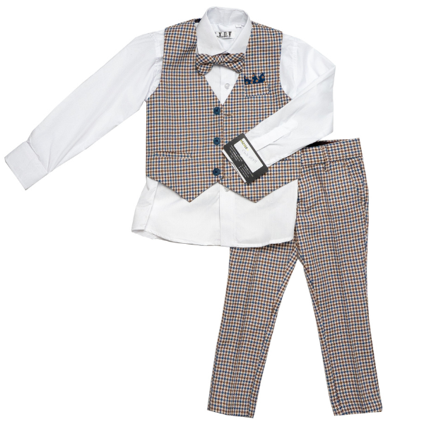 Boys 4-Piece Checkered Formal Suit Set with Bow Tie
