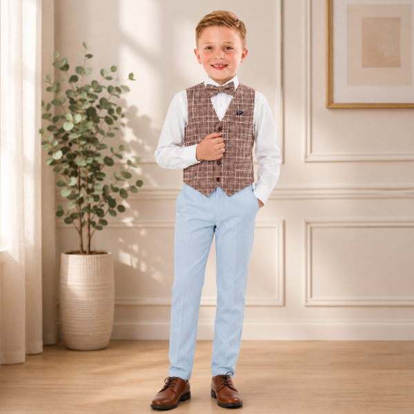 Boys 4-Piece Burgundy Check Waistcoat Suit Set with Sky Blue Trousers