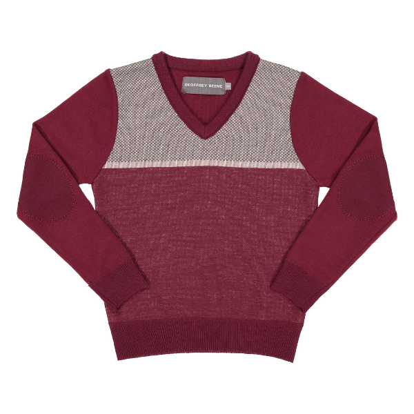 Geoffrey Beene Boys Burgundy V-Neck Colorblock Sweater with Elbow Patches