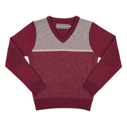 Geoffrey Beene Boys Burgundy V-Neck Colorblock Sweater with Elbow Patches