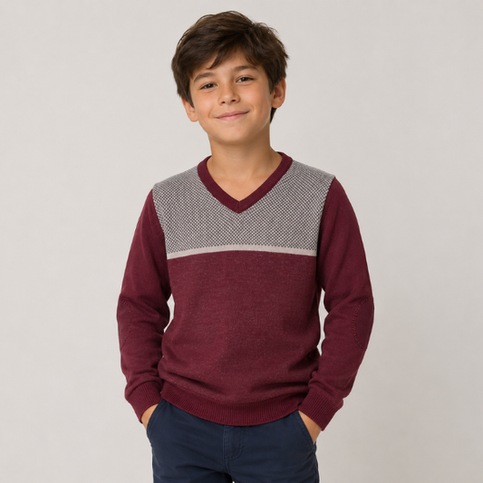 Geoffrey Beene Boys Burgundy V-Neck Colorblock Sweater with Elbow Patches