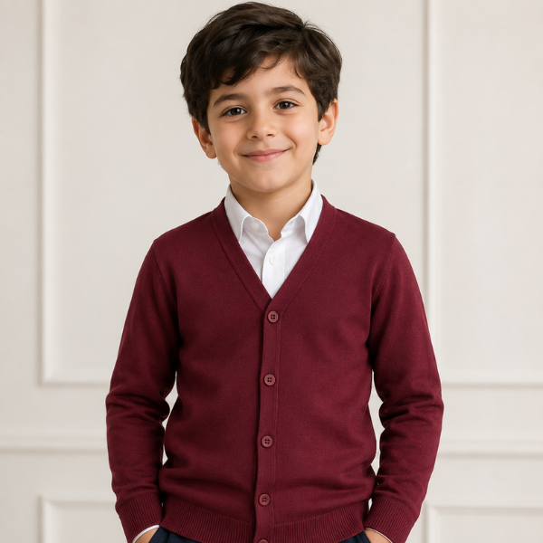 Boys’ Burgundy V-Neck Button-Up Cardigan Sweater