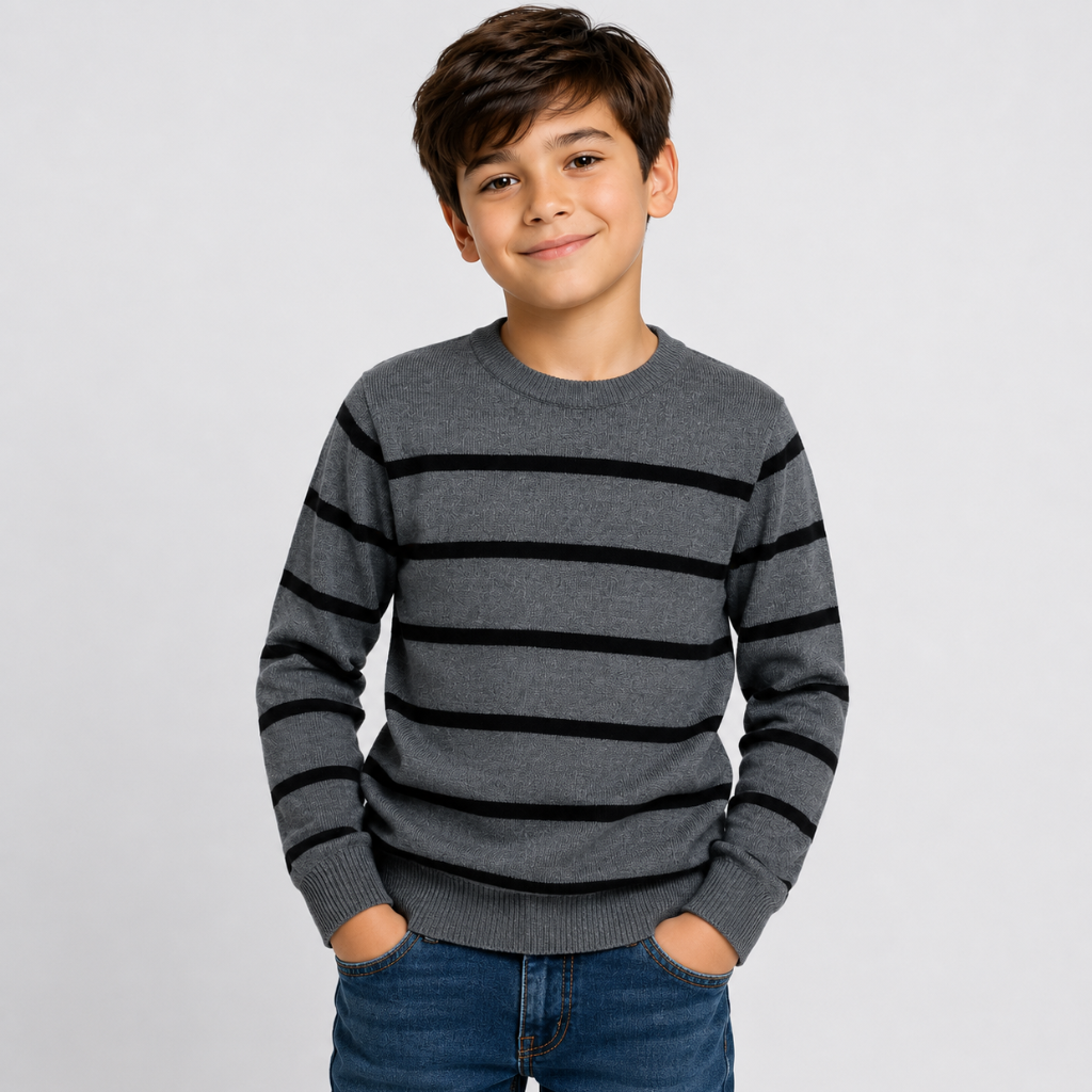Boys Gray & Black Striped Crew Neck Sweater