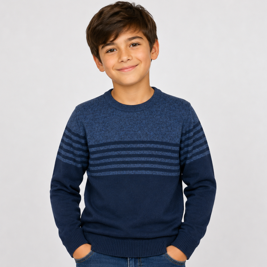 Boys Navy Blue Striped Crew Neck Sweater