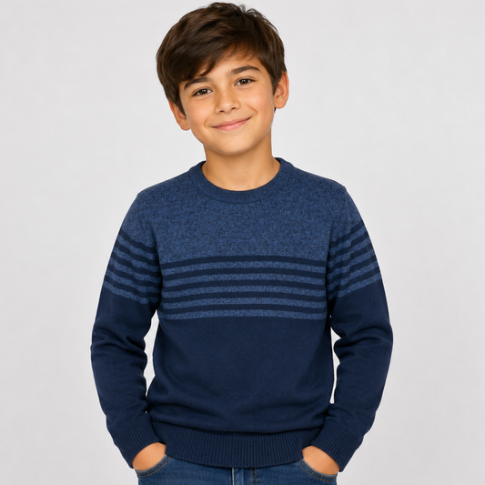 Boys Navy Blue Striped Crew Neck Sweater