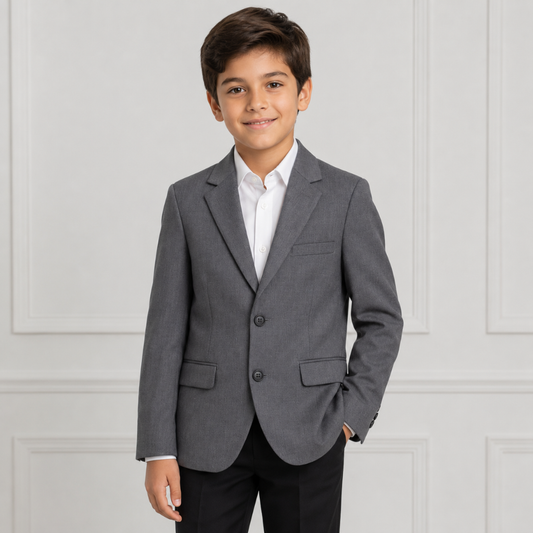 Boys Classic Gray Two-Button Blazer – Smart Formal Suit Jacket